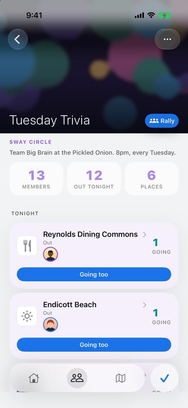 A Sway circle, Tuesday Trivia: twelve members out tonight, and where they're going.