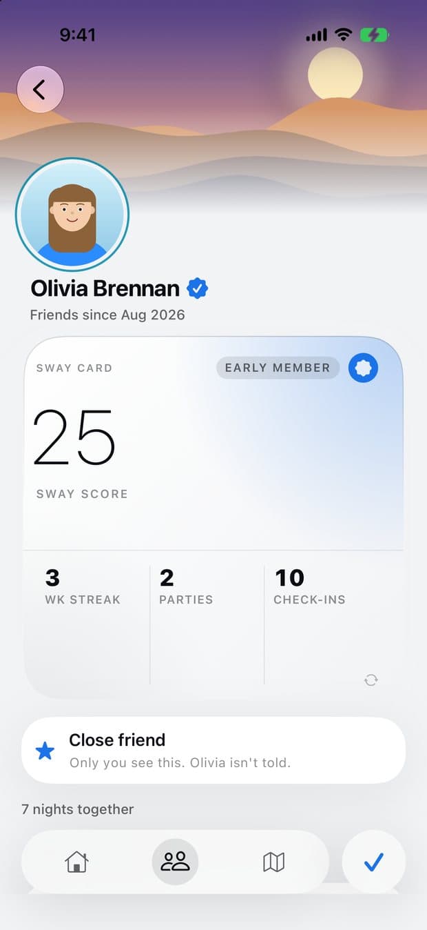 A Sway profile: the Sway Card with score, week streak, parties and check-ins.