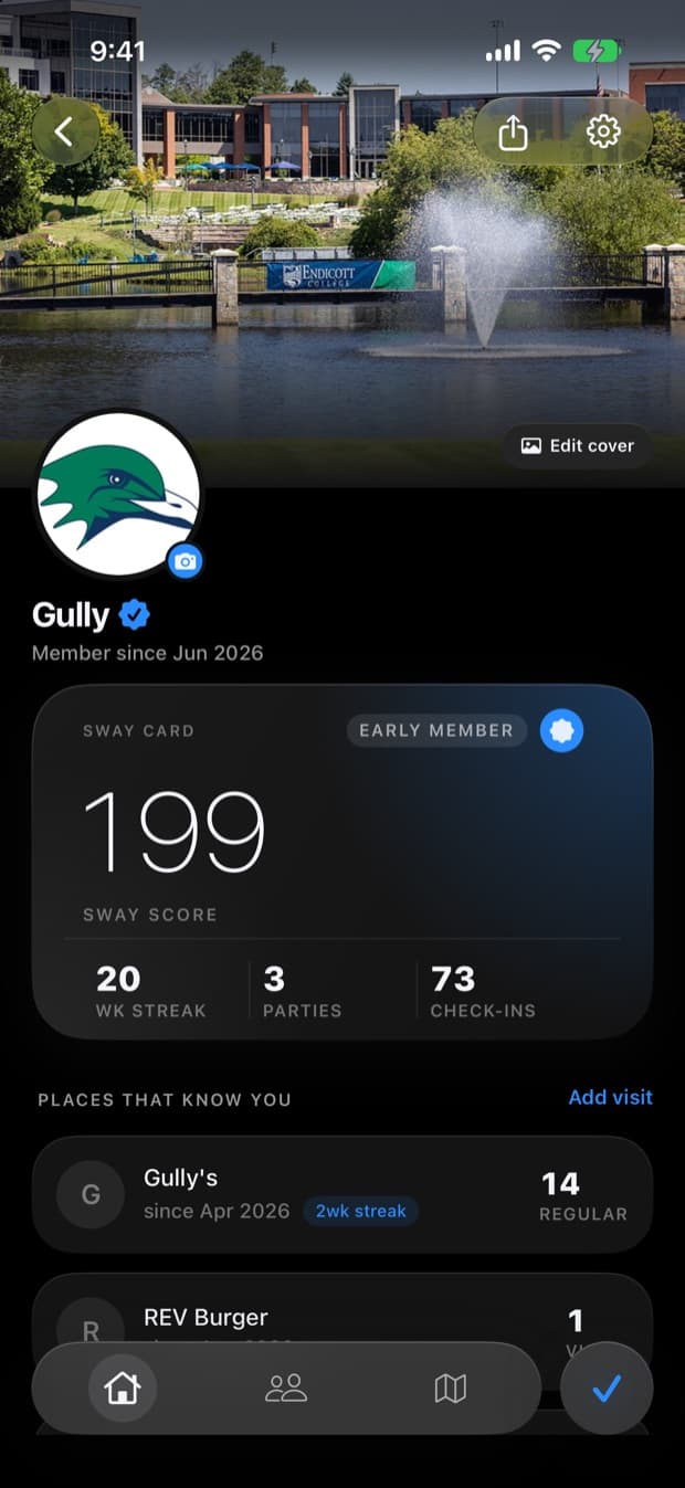 A Sway profile: the Sway Card with score, week streak and check-ins, above the places that know you.